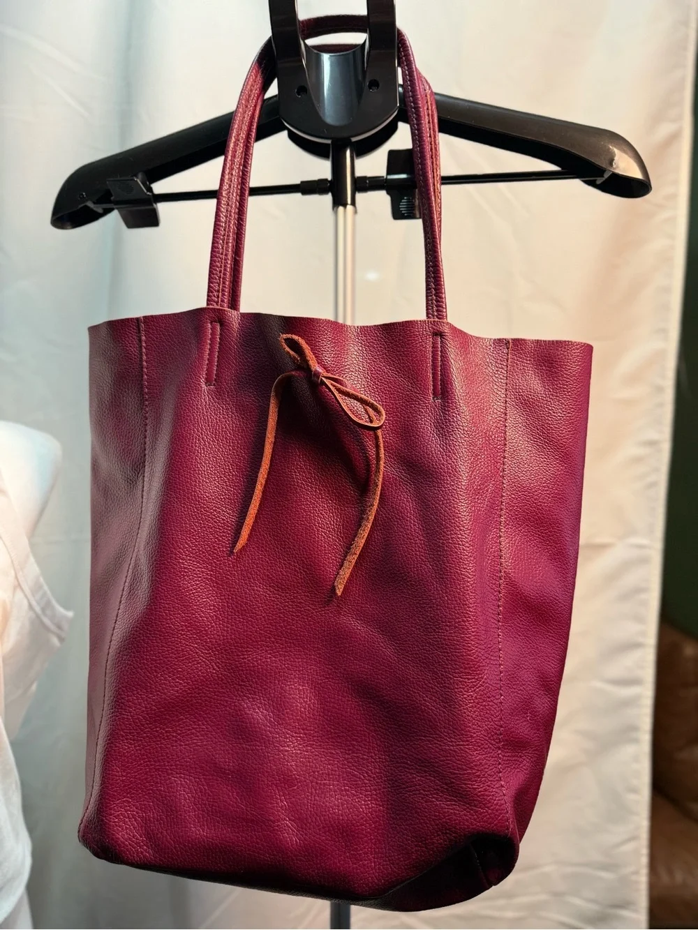 Genuine Italian Pebbled Leather Tote in Deep Burgundy with Tie Detail